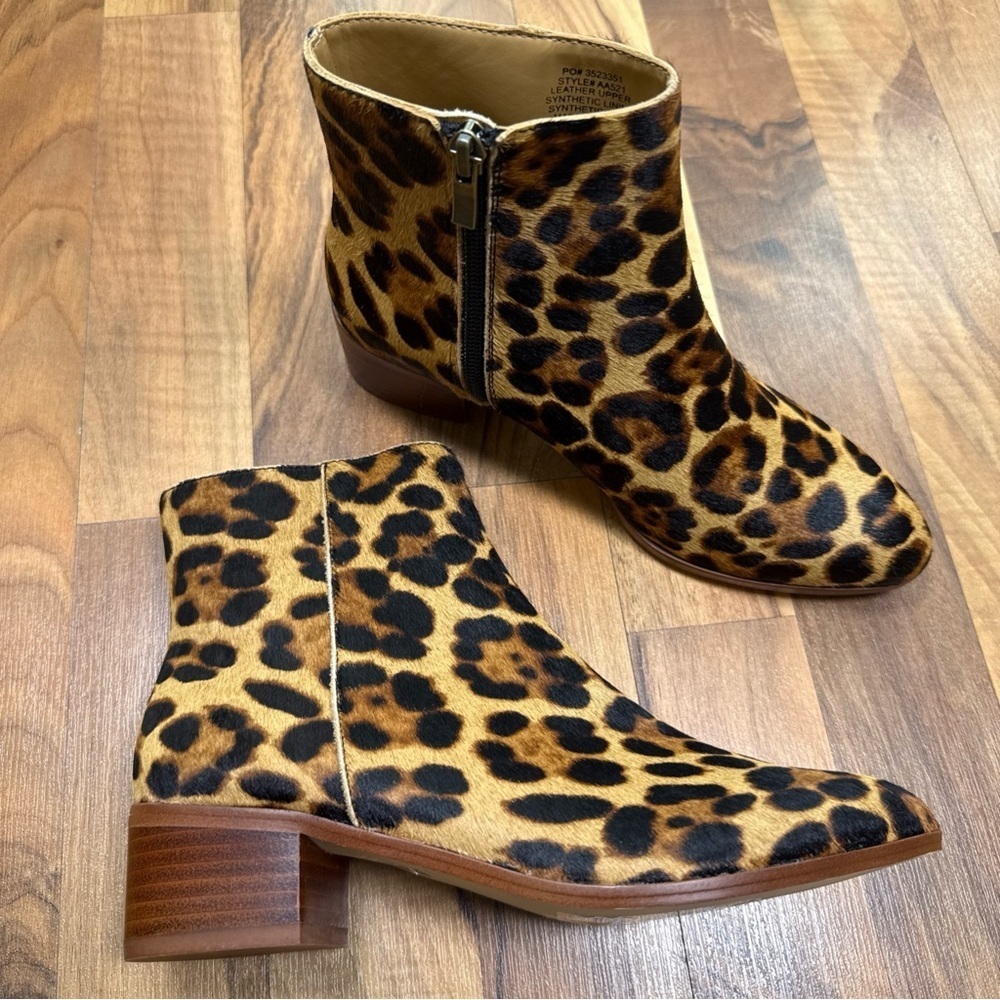 J.Crew Walker Calf Hair Ankle Boots Leopard Print Size 6 Zipper Closure Casual